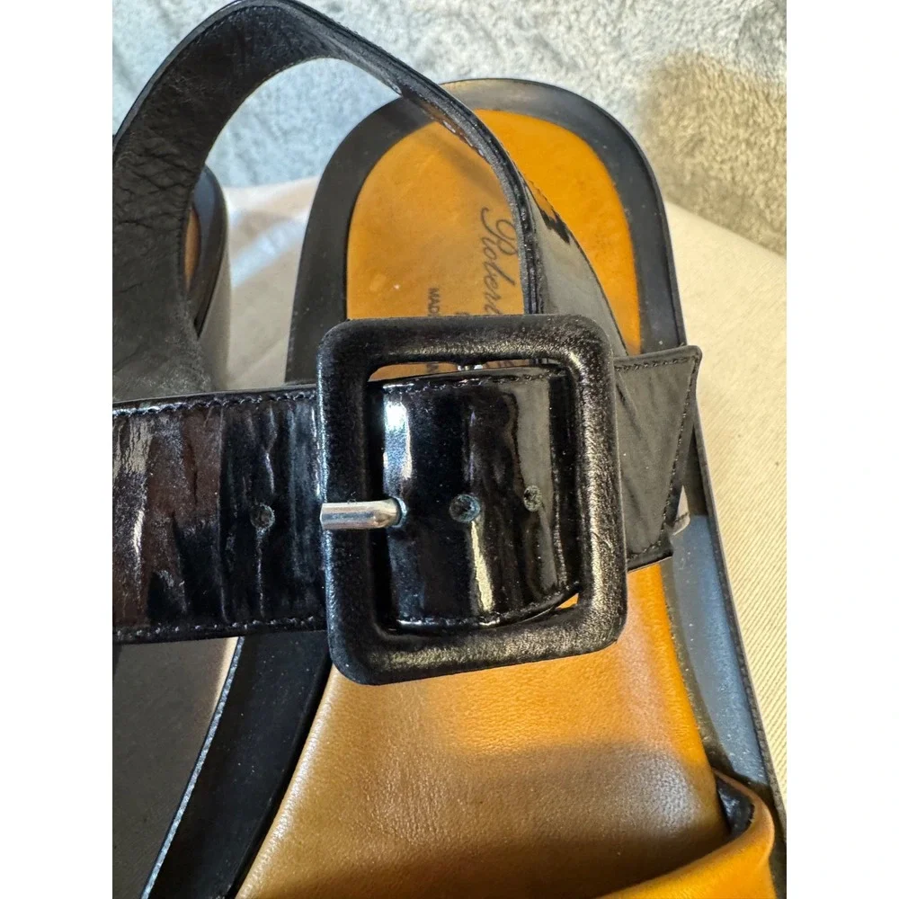 Robert Clergerie tan Black patent Leather color block Sz 9 slingback Sandals